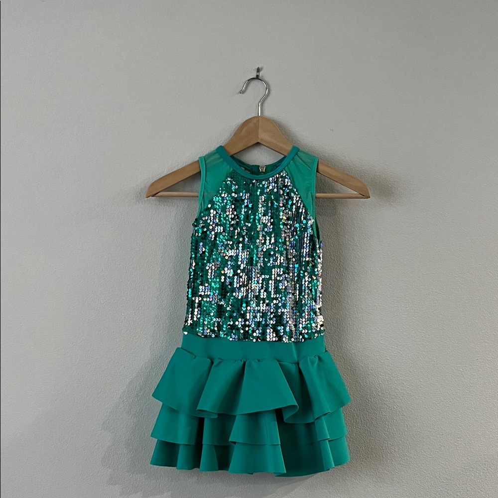 Girls Sequins Sparkling Teal Dance Costume Dress Size L (7-9)